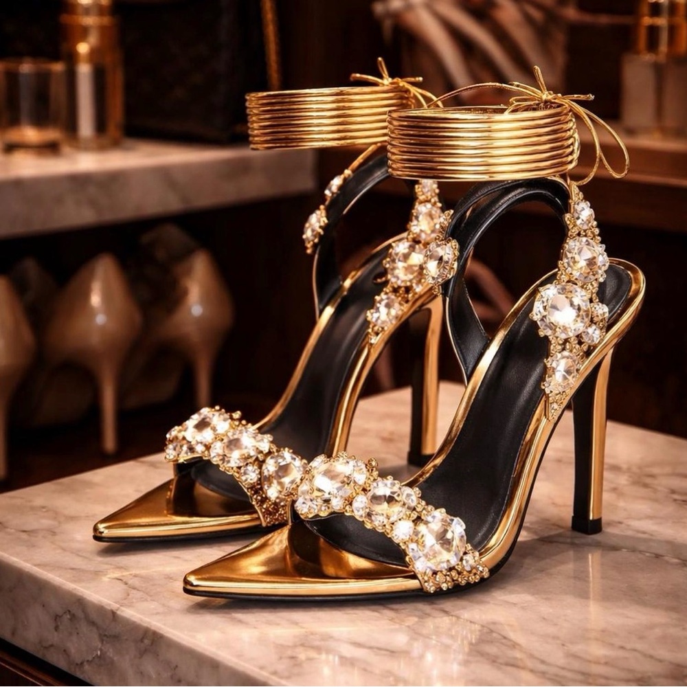 Gold Crystal Embellished Pointed-Toe
Heels